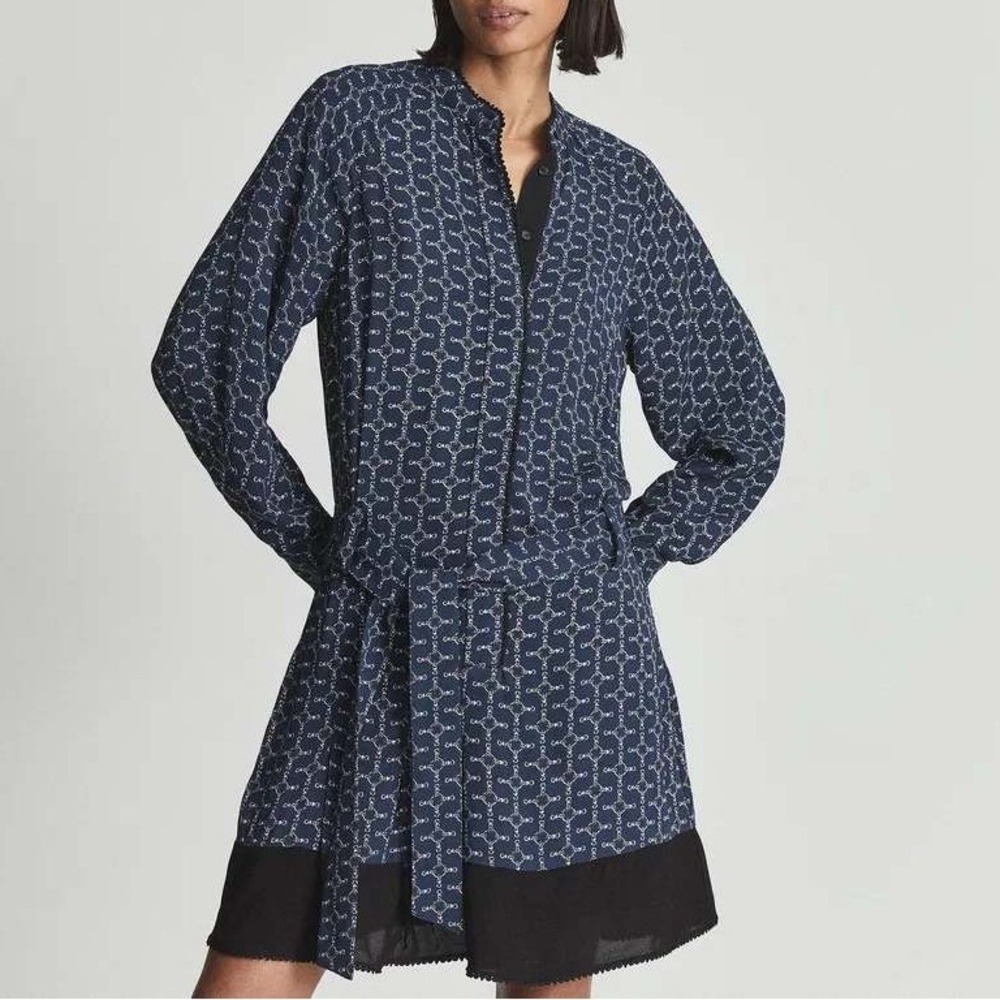 REISS Blue Viviyan Chain Printed Flippy Dress Tie Waist Long Sleeve Size 10
